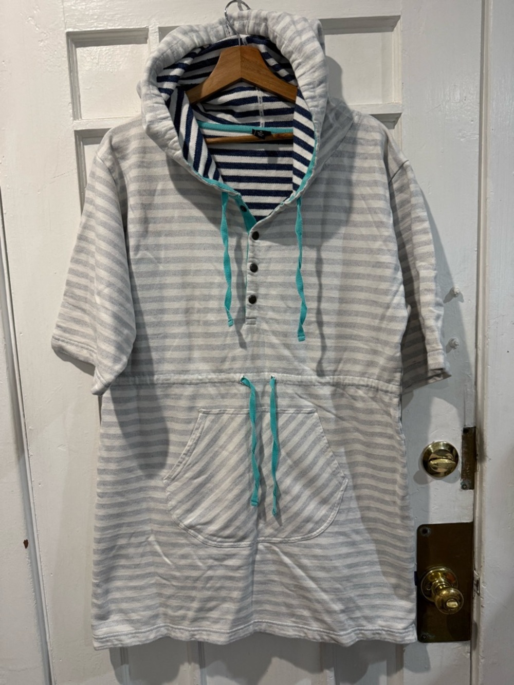 Patagonia Striped Gray & White Hooded Dress with Teal Drawstrings